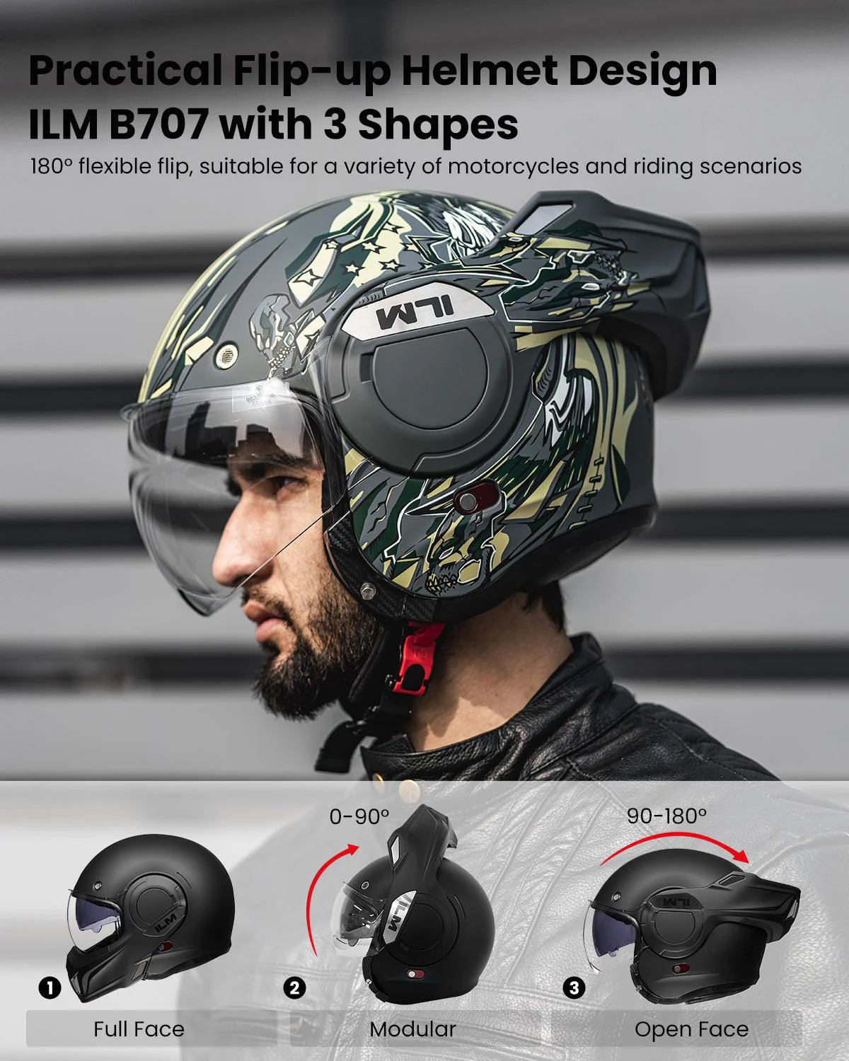 ILM Vintage Full Face Modular Motorcycle Helmet Model B707 - Image 4