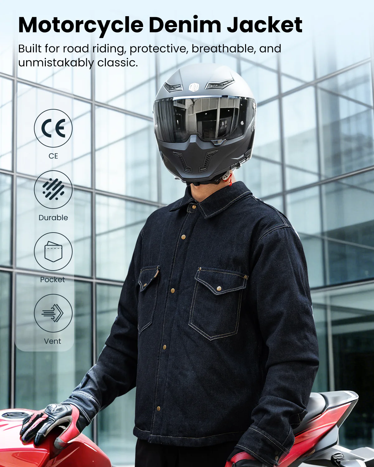ILM Motorcycle Shirt Denim Jacket for Men with CE Armor Mesh Liner Lightweight Motorbike Model JFL1 - Image 5
