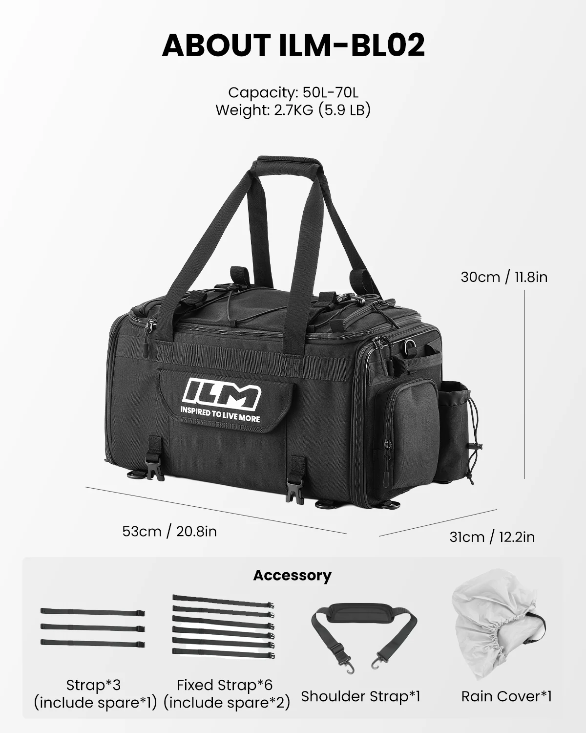 ILM Motorcycle Tail Bag 50-70L Travel Luggage Motorbike Rear Rack Trunk Shoulder Backpack with Rain Cover Model BL02 - Image 10