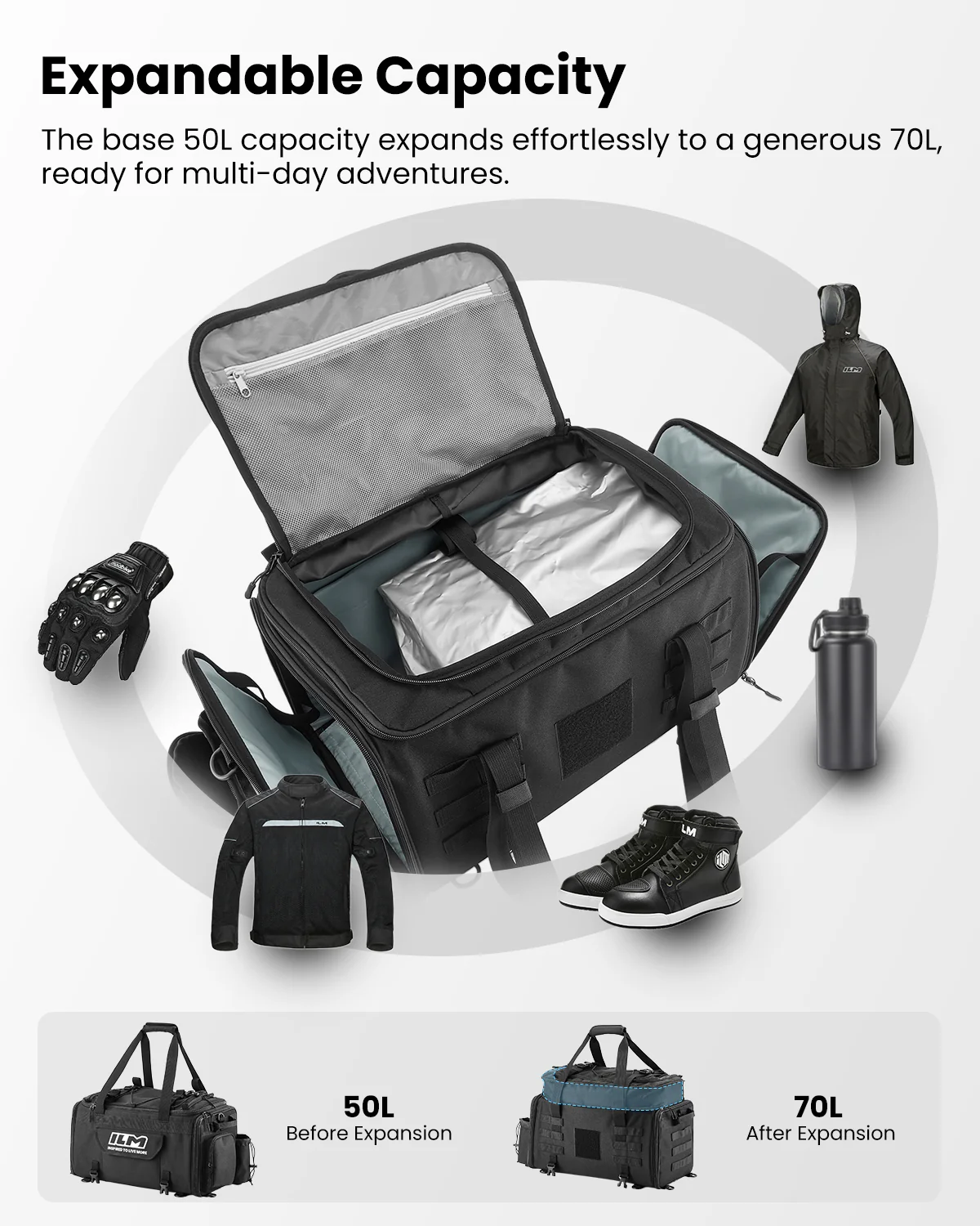 ILM Motorcycle Tail Bag 50-70L Travel Luggage Motorbike Rear Rack Trunk Shoulder Backpack with Rain Cover Model BL02 - Image 7